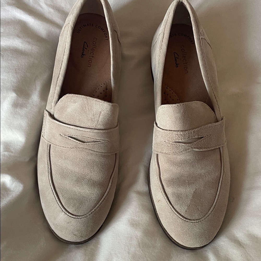 Clarks Beige Suede Penny Loafers